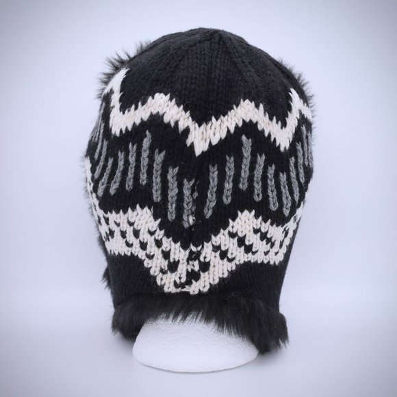 H&M Fair Isle Knit Trapper Faux Fur Hat Black Ear Flaps Pom Pom Tie Winter OS - Picture 4 of 7
